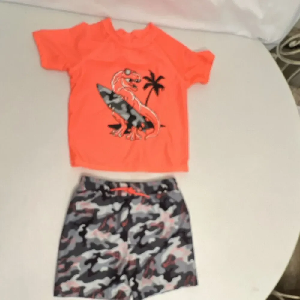 Jumping Beans Boys 5T 2-Piece Swim Set Orange Dino Swim Shirt & Camo Trunks